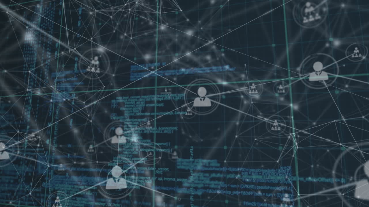 Animation of network of connections with people icons over data processing and grid