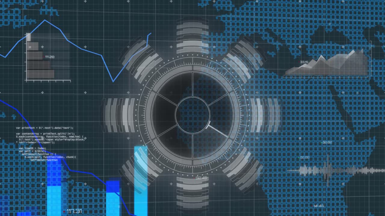 animación del reactor de arco y múltiples gráficos, base de datos y cuadrados que forman el mapa.