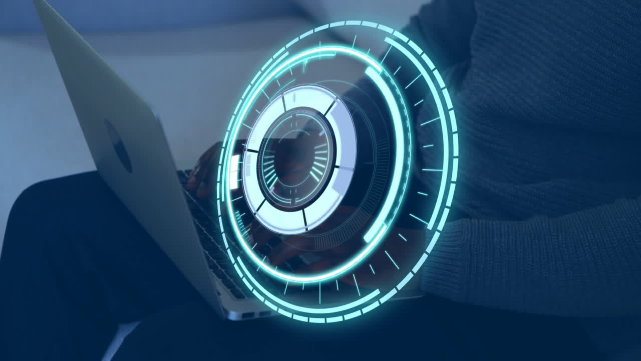 Futuristic digital interface animation over person using laptop at home