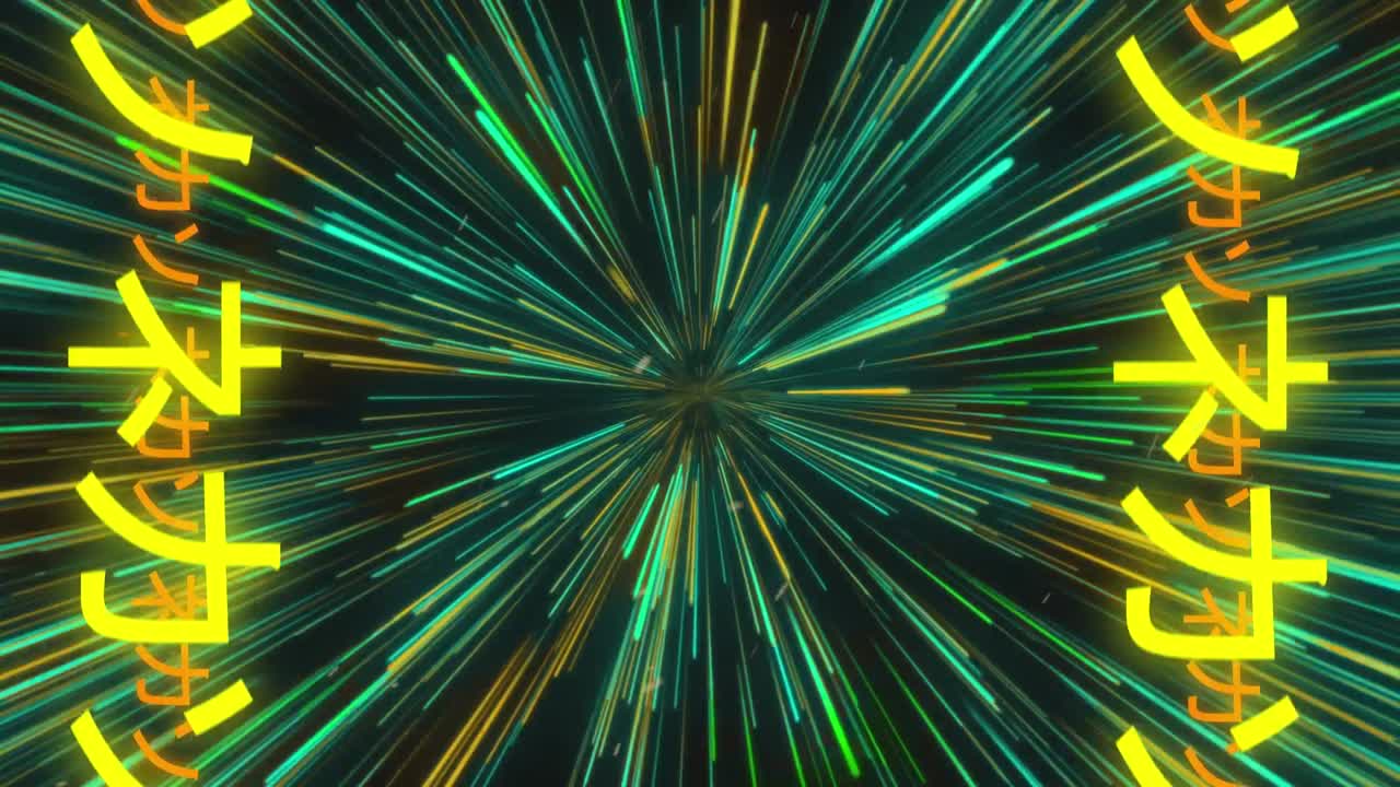 Animation of symbols over light trails on black background