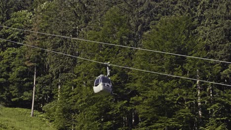 cable car ascending uphill past green forests