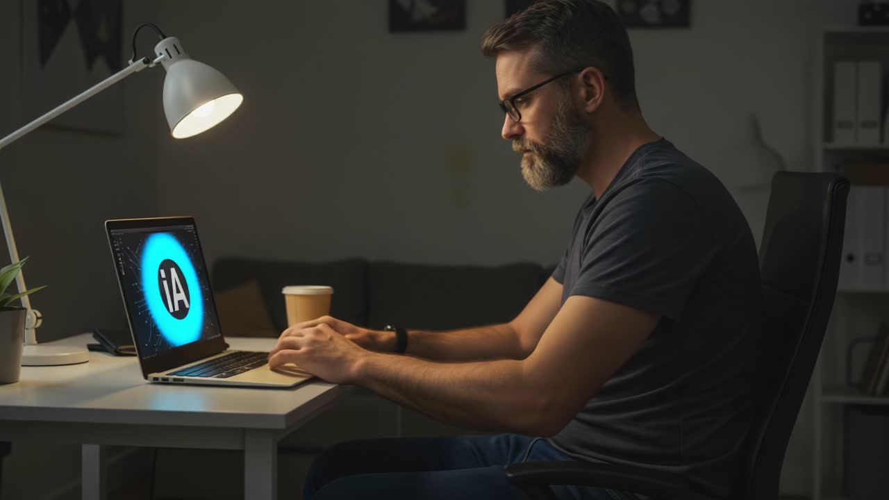 A focused individual engaged in a late-night coding session, skillfully programming on a laptop, illuminated by a desk lamp and surrounded by a cozy workspace
