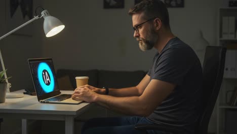 a focused individual engaged in a late-night coding session, skillfully programming on a laptop, illuminated by a desk lamp and surrounded by a cozy workspace
