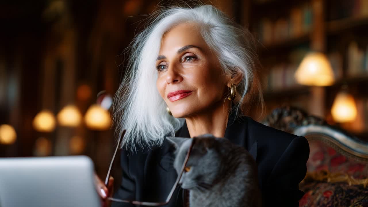 Un'elegante donna con sorprendenti capelli argentei si gode un momento di serenità mentre lavora al suo portatile, accompagnata da un gatto grigio in un ambiente bibliotecario accogliente e sofisticato