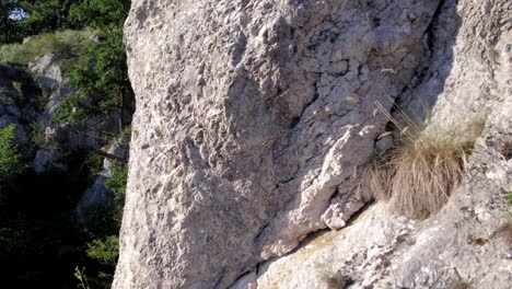 Reveal-of-a-tourist-crossing-a-wooden-hanging-bridge-on-a-via-ferrata-route-in-the-mountains