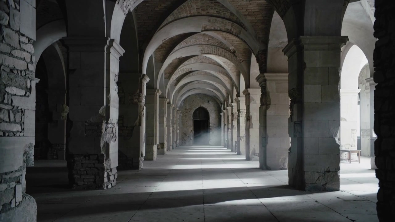 Luce che entra da aperture a destra e attraversa un corridoio in un chiostro, mostrando una colonna di nebbia e un ingresso.
