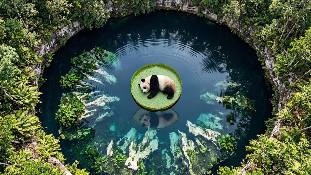 Vista aerea di un panda che dorme su una foglia di ninfea in un cenote.
