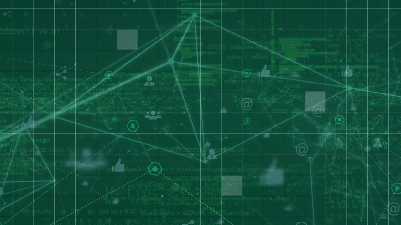 Animation of network of connections with people icons and data processing over grid