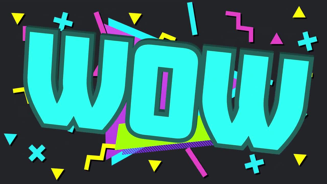 검은 바탕에 움직이는 여러 기하학적 모양에 대한 와우 텍스트의 디지털 애니메이션