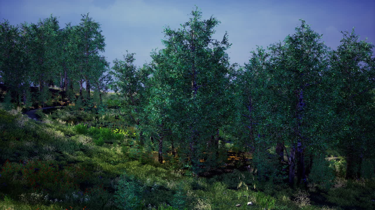 Vibrant green trees in a lush forest under a clear blue sky