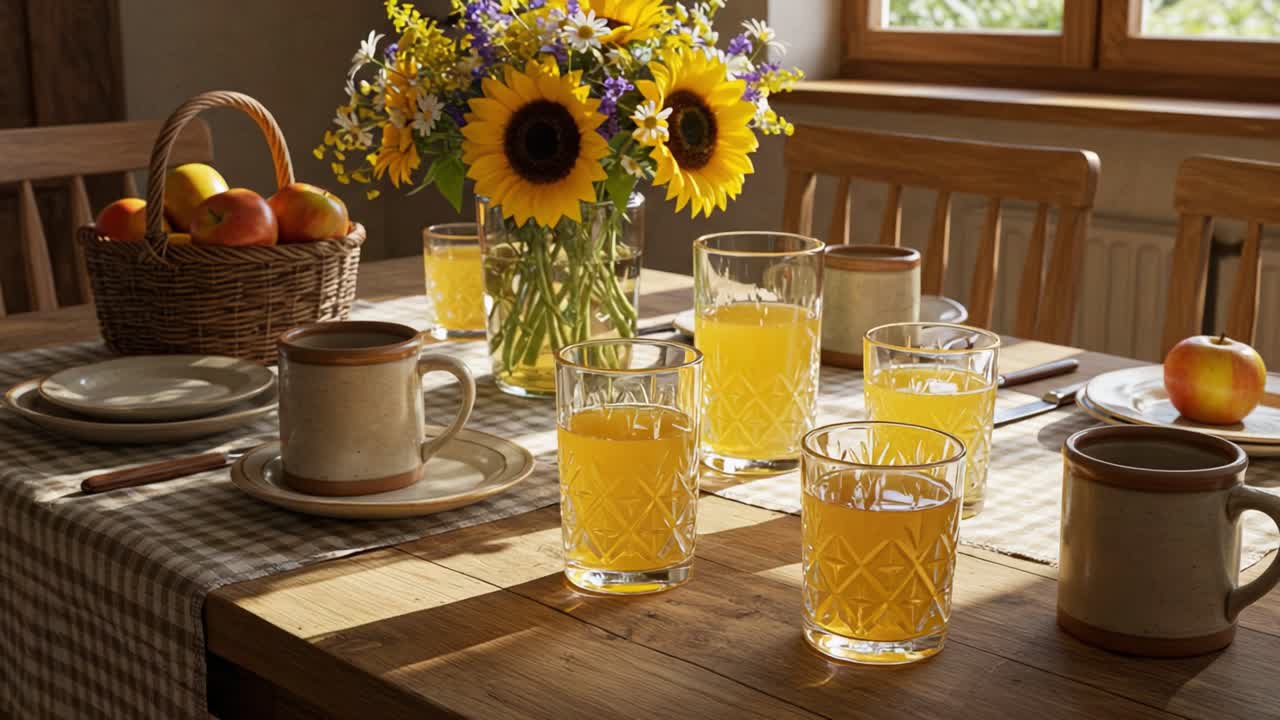 A Beautifully Set Breakfast Table with Sunflowers, Fresh Fruits, and Refreshing Juices Illuminated by Natural Light, Creating a Warm and Inviting Atmosphere