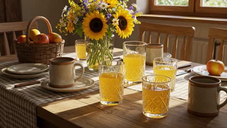 a beautifully set breakfast table with sunflowers, fresh fruits, and refreshing juices illuminated by natural light, creating a warm and inviting atmosphere