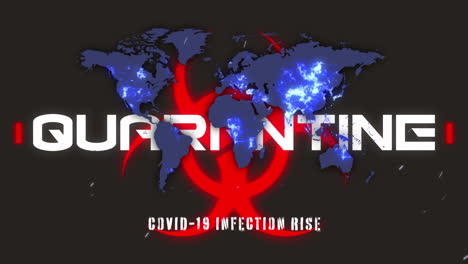 animation of quarantine text over warning sign on black background