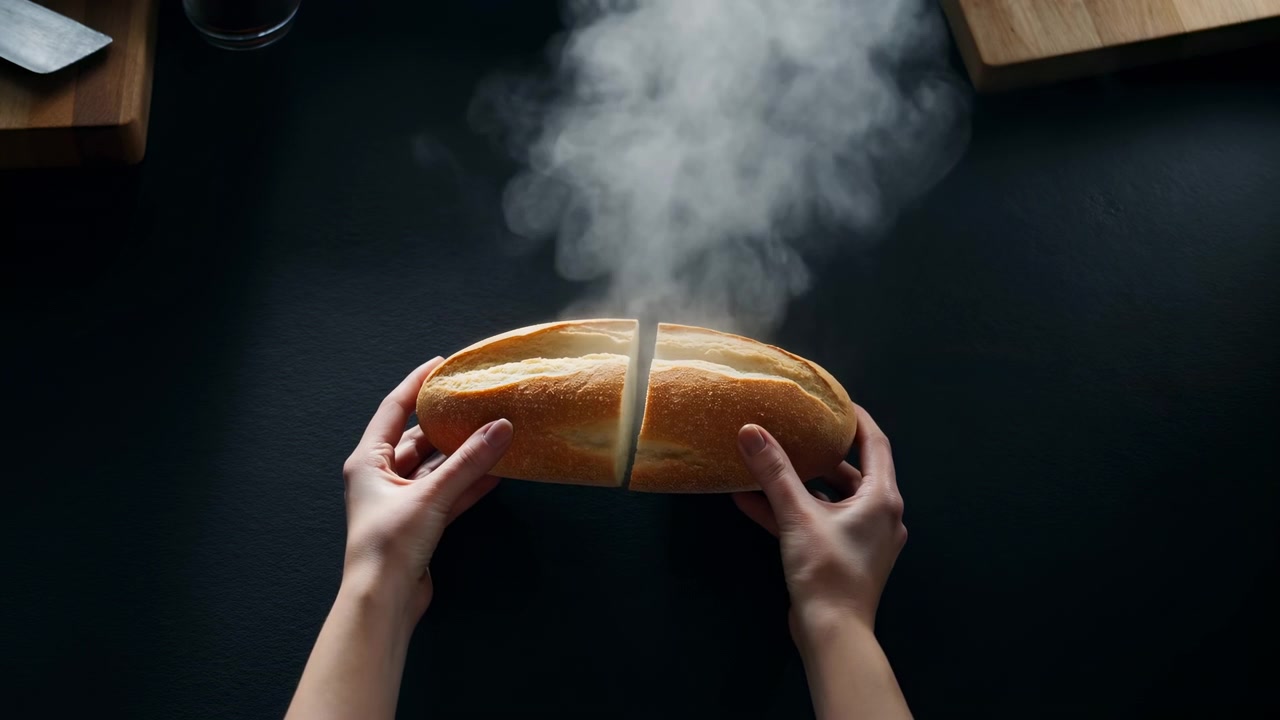 Two hands hold a fresh bread loaf near the lower center of a dark tabletop, with a vertical cut and thick steam rising upward in soft overhead light