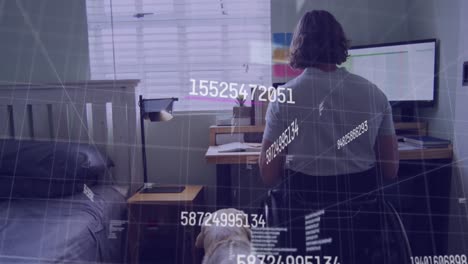 Animation-of-data-processing-over-disabled-cuacasian-man-sitting-in-wheelchair-using-computer