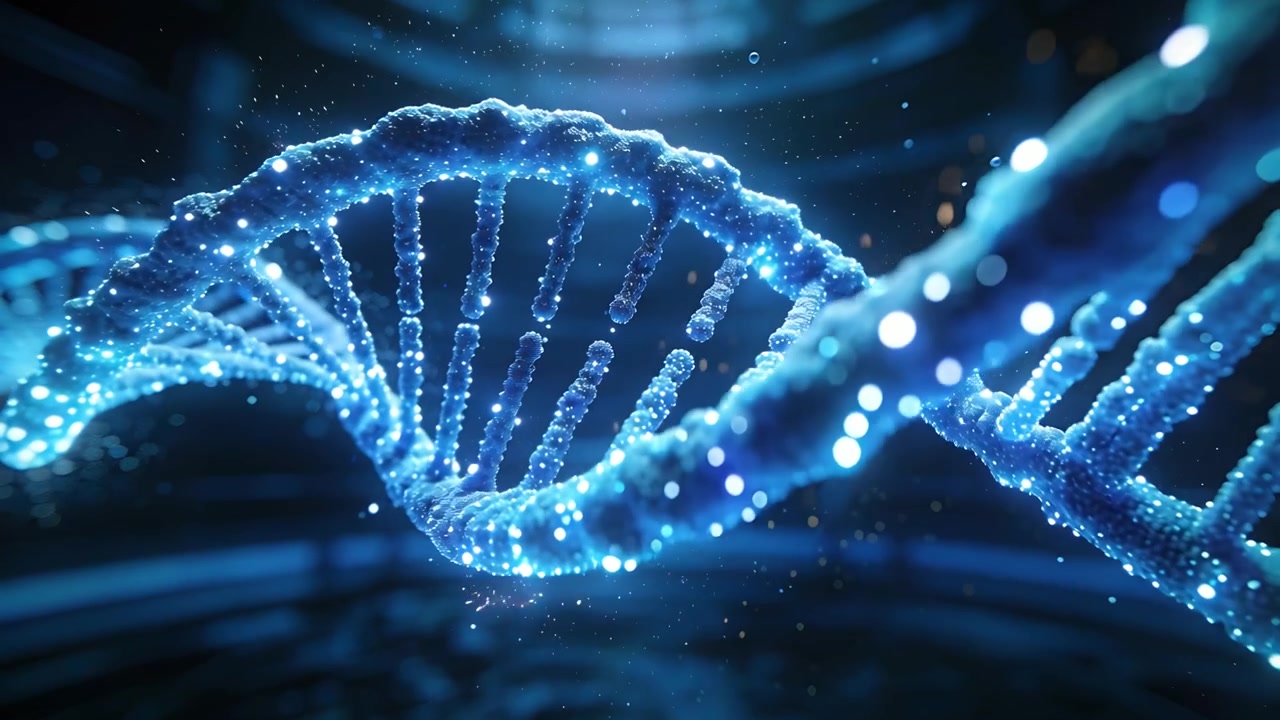 Inizio del cambio di inquadratura: un'elica di DNA luminosa ruota in avanti in laboratorio, rivelando dettagli con scintille.
