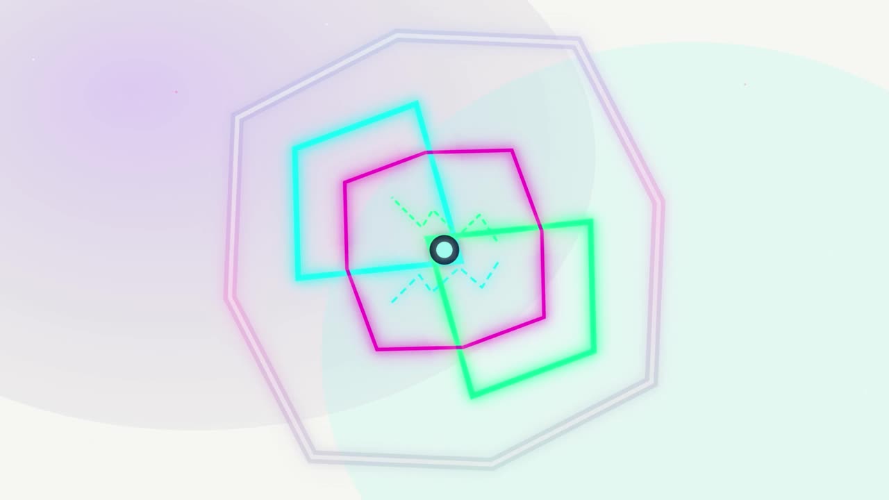 Colorful geometric shapes rotating with neon glow around center on soft background creating abstract animation designed for visual effects, motion graphics and video editing overlays