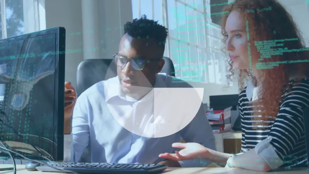 Animation of rotating circle and data processing, over smiling business colleagues shaking hands