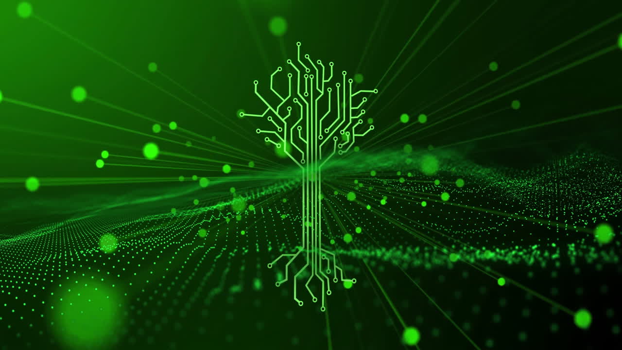 Glowing circuit tree with animation over digital landscape in green light effects