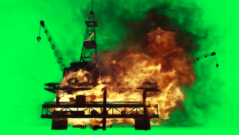 burning oil rig on green screen