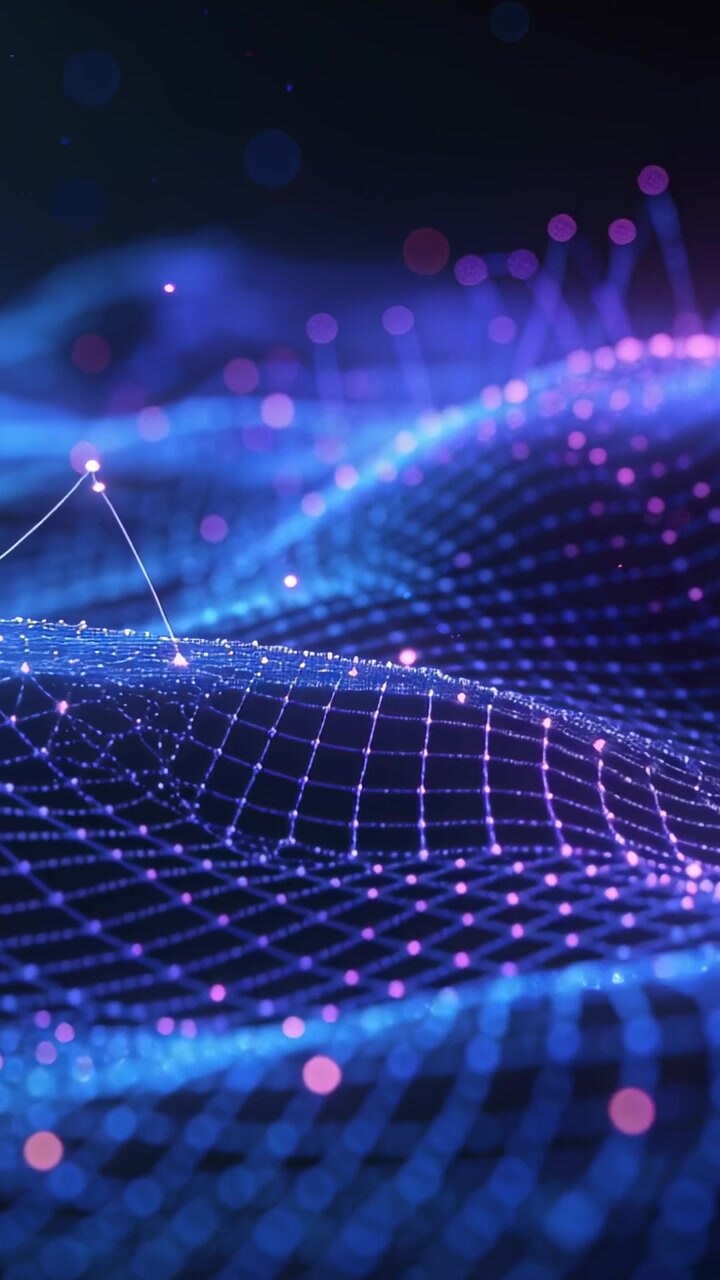 Video vertical: Desplazamiento de fotogramas causando que una cuadrícula de neón ondule en un campo de datos con nodos pulsantes y zarcillos
