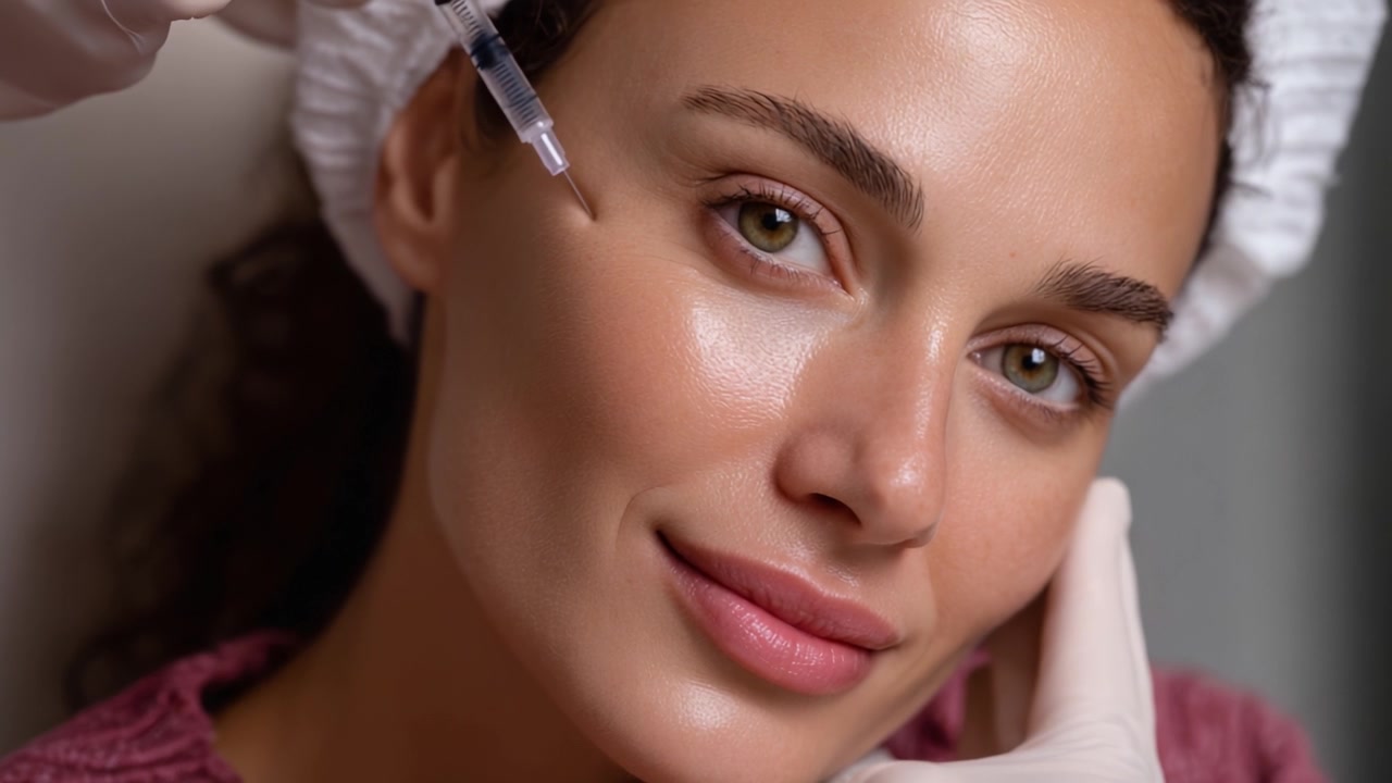 Ritratto ravvicinato di una giovane donna che riceve un'iniezione cosmetica in un ambiente professionale, che mostra procedure di cura della pelle e di miglioramento estetico.
