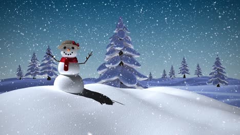 Animation-of-snowman-and-snow-falling-over-snowy-landscape