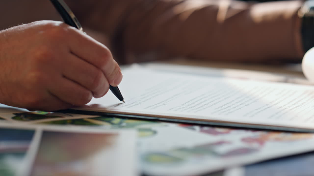 Man hand signing contract sitting office desk close up. Boss putting signature.