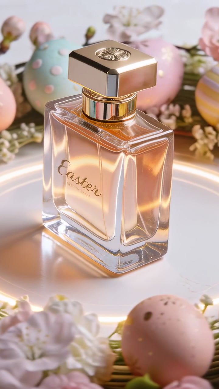 Vertical video: Panning camera showcasing perfume bottle on shiny tray, pastel eggs and blossoms
