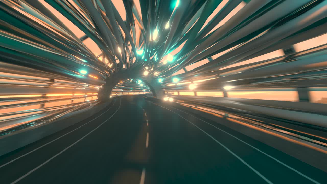 volando en un túnel de fibra óptica futurista con una carretera. concepto de tecnologías futuras. antecedentes comerciales. agradable iluminación natural. bucle sin costuras 3d render