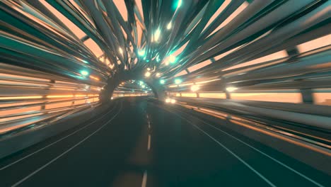 flying in a futuristic fiber optic tunnel with a road. future technologies concept. business background. pleasant natural lighting. seamless loop 3d render