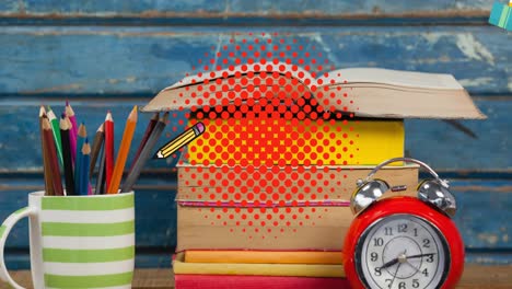 animation of pencil and books bouncing on red dots over desk with books, clock and pencils