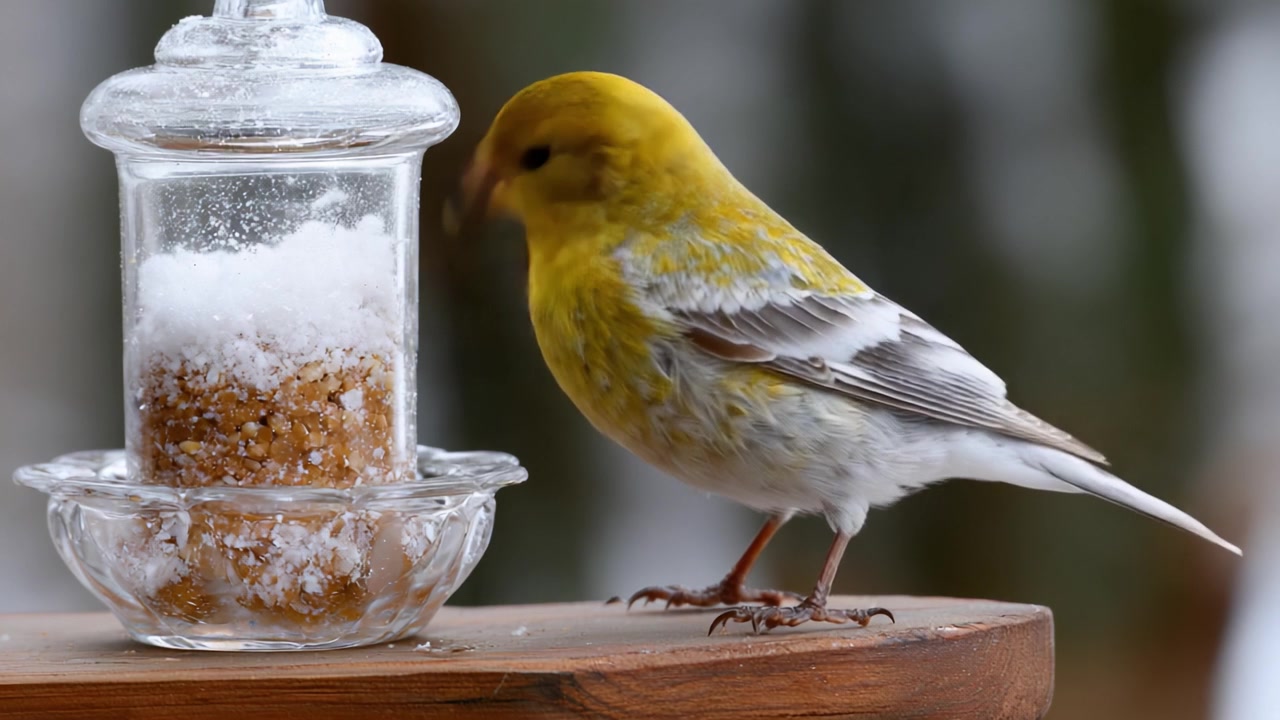 En livlig gul fugl nærmer sig en foderautomat af glas fyldt med søde frøgodbidder, der viser naturens skønhed og glæden ved vinterfodring af vildt.
