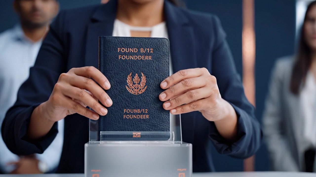 A professional woman confidently processes a passport in a modern office setting, showcasing her commitment to thorough tasks and attention to detail.