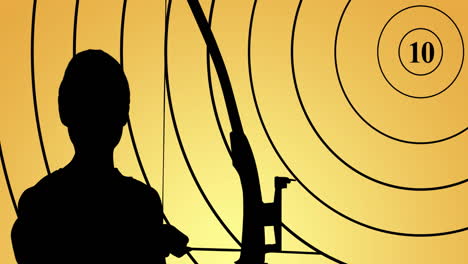 animation of target and silhouette of archer with bow on yellow background