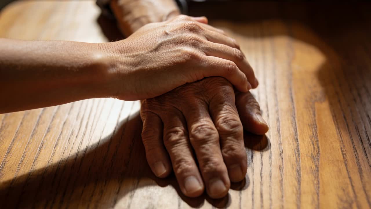 Caregiver placing hand on senior's hand on wooden table, sliding into firmer hold, offering comfort