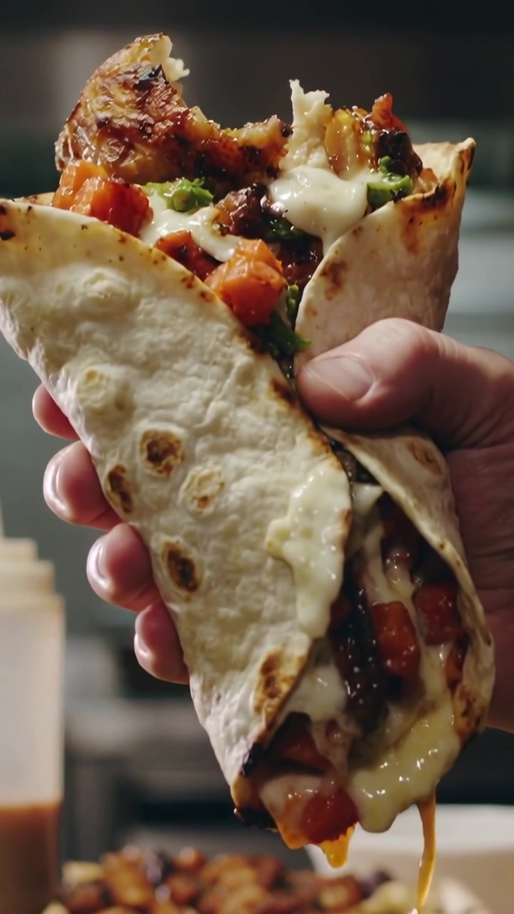 Holding charred-chicken wrap, showing melted cheese and orange sauce dripping in commercial kitchen