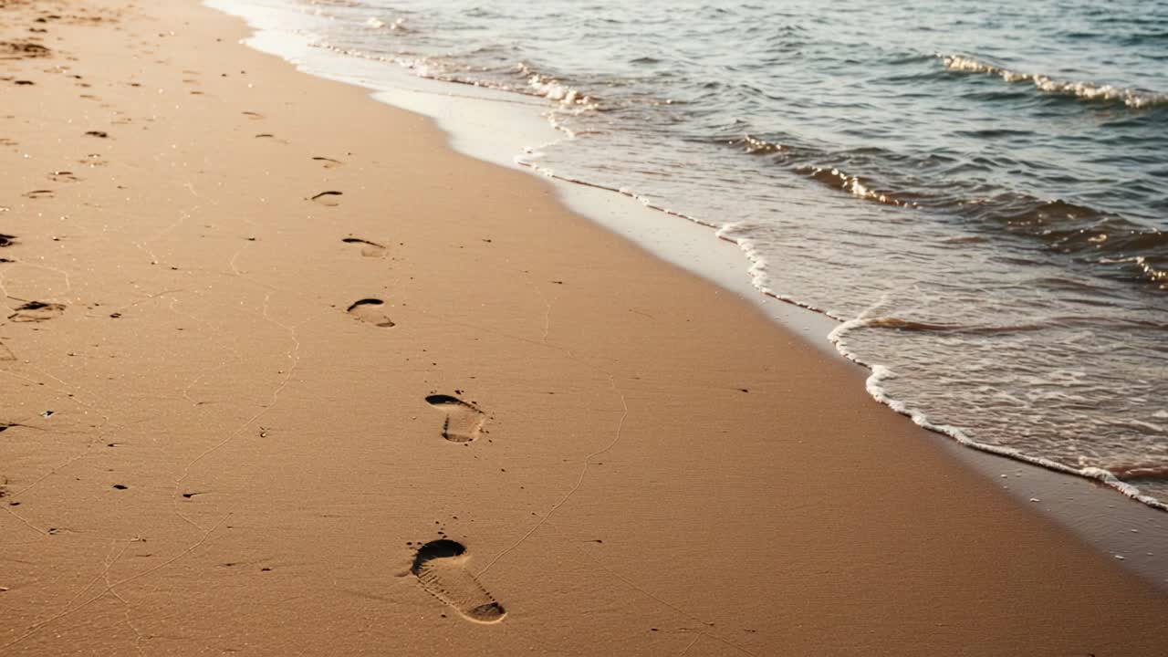 Impronte nella sabbia: Un viaggio sereno lungo la costa mentre le onde lambiscono dolcemente la spiaggia, creando un senso di tranquillità e connessione con la natura.