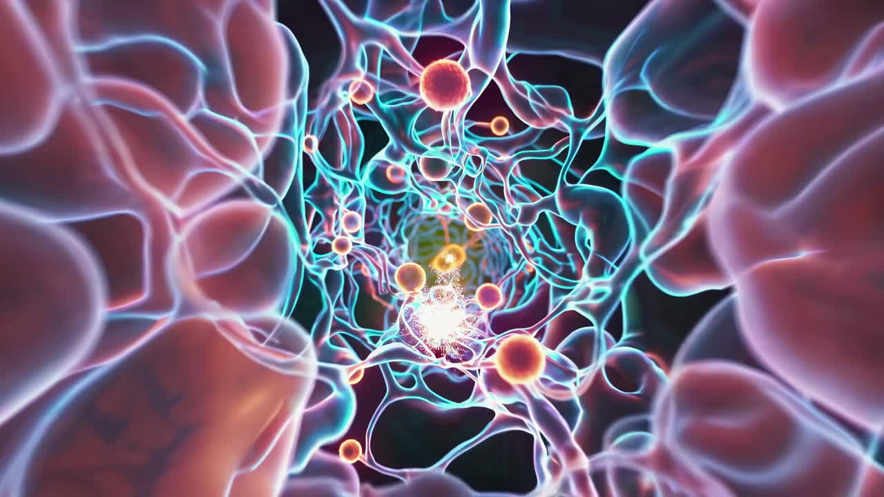 Abstract video concept with a swirling tunnel of vibrant colors and glowing particles