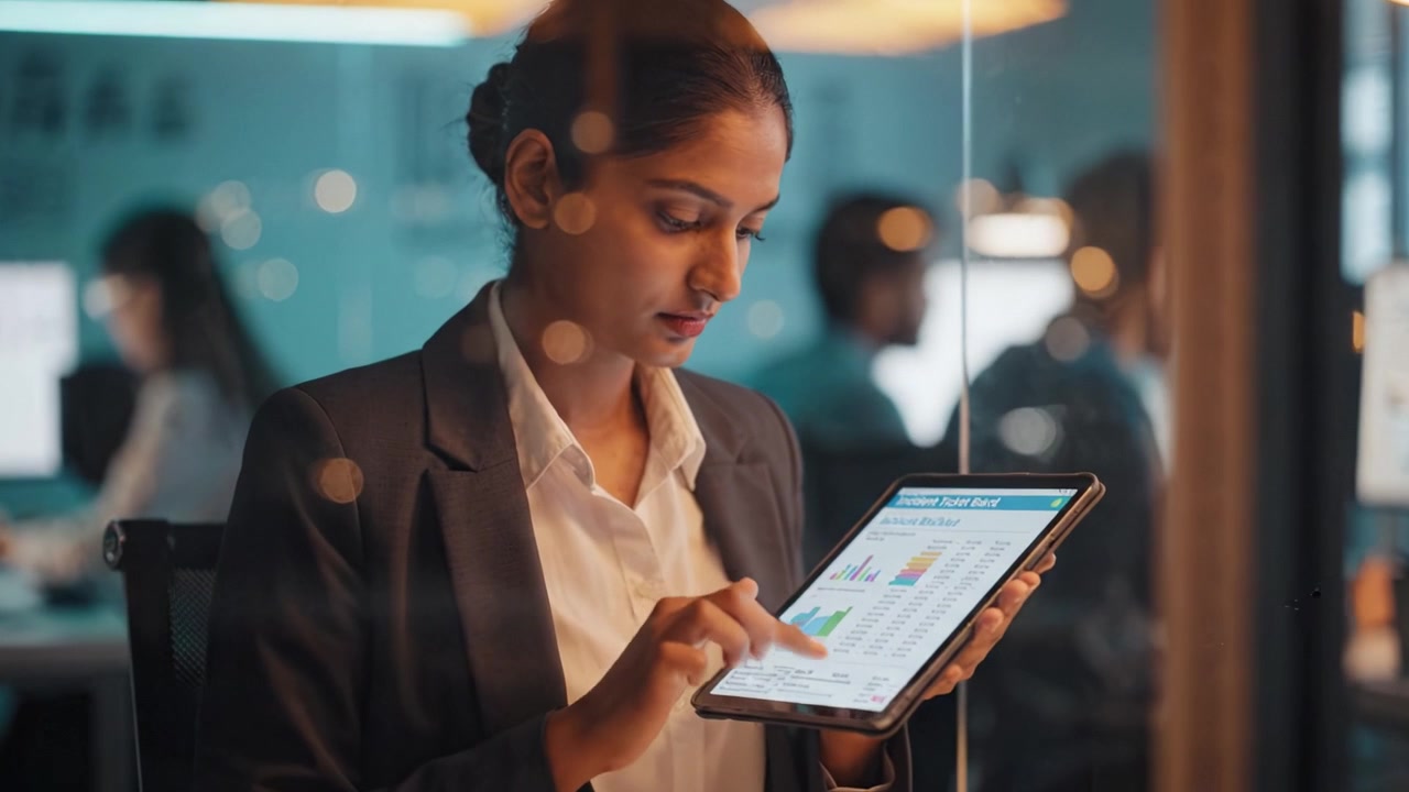 Focused Businesswoman Analyzing Data on Tablet in Modern Office Setup, Engaged in Work with Clear Visuals of Graphs and Charts in a Collaborative Environment