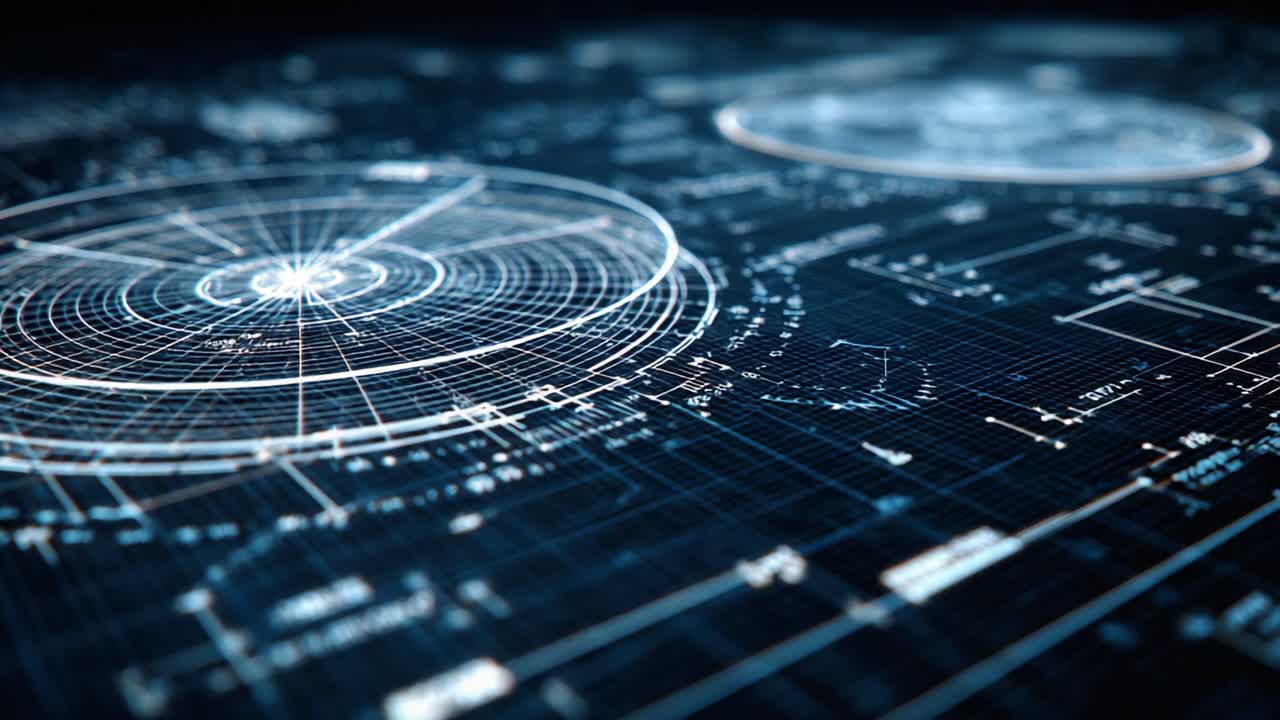 Tampilan detail visualisasi data yang rumit dan diagram teknik yang menampilkan grafik melingkar dan desain analitis kompleks pada antarmuka digital