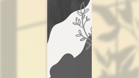 animation of grey leaf shapes on vertical white panel with leaf shadows on beige background