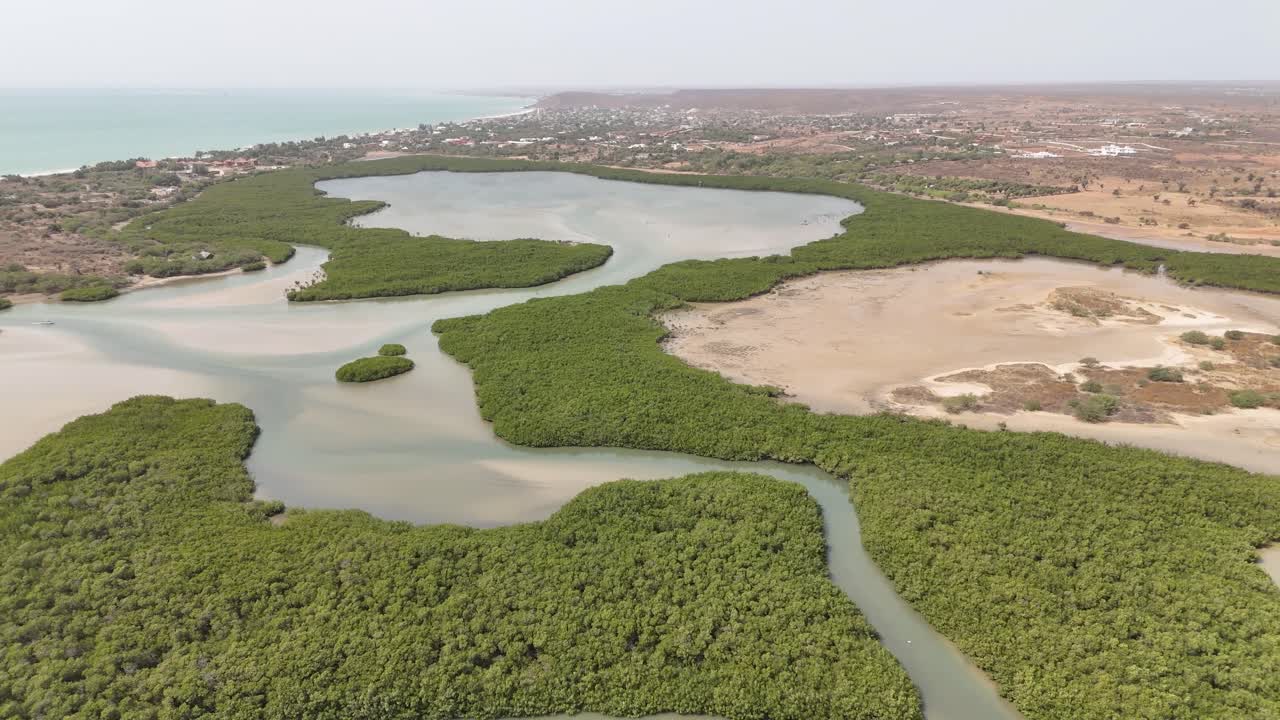 Aerial view of Somone lagoon in Senegal, green mangrove surrounded by winding water channels near the Atlantic coast