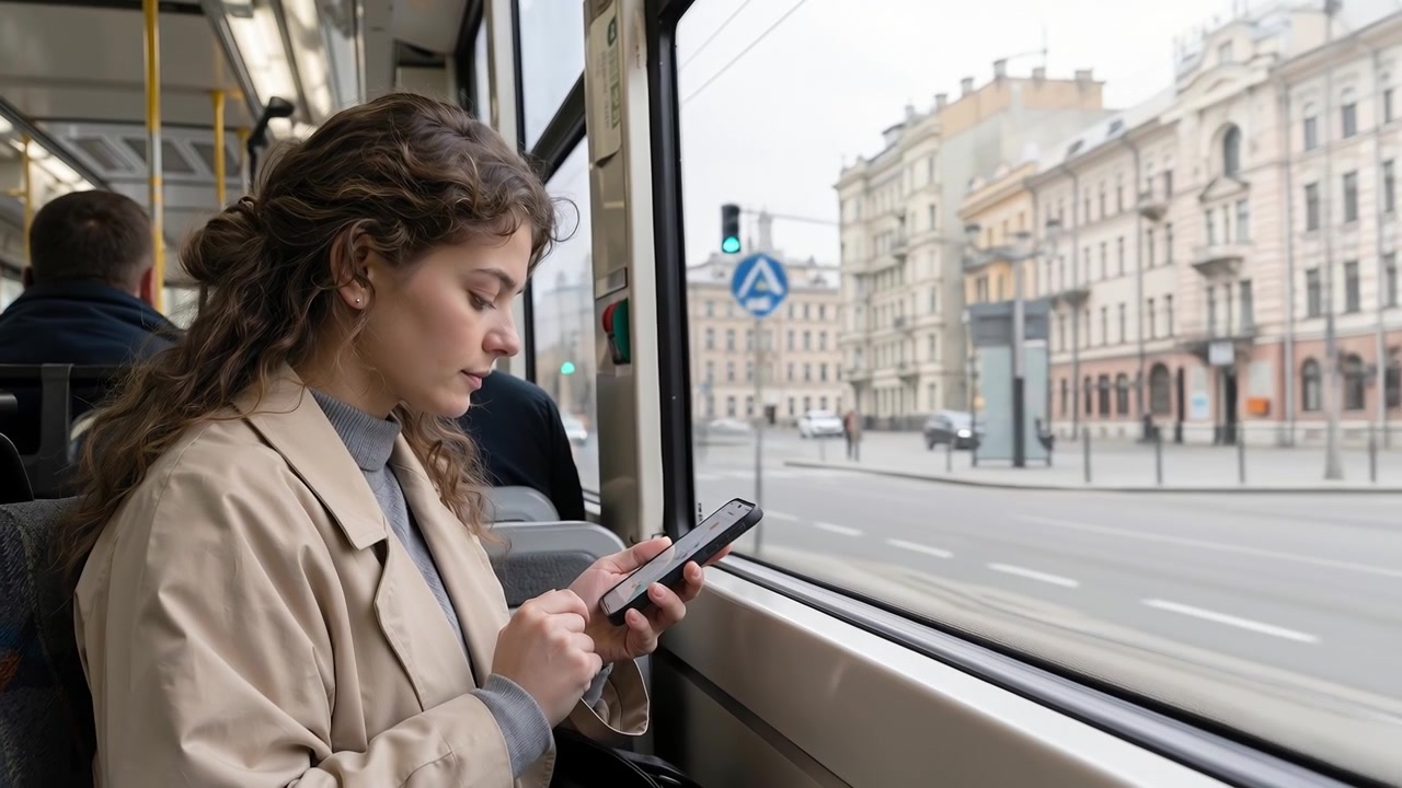 Young woman using her smartphone while commuting by public transit next to a window