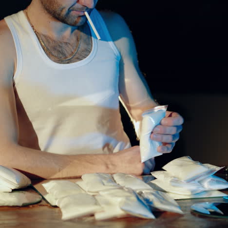 drugs. in the underground laboratory drug dealer places brick packs filled with drugs into the suitcase for further selling and distribution. square video