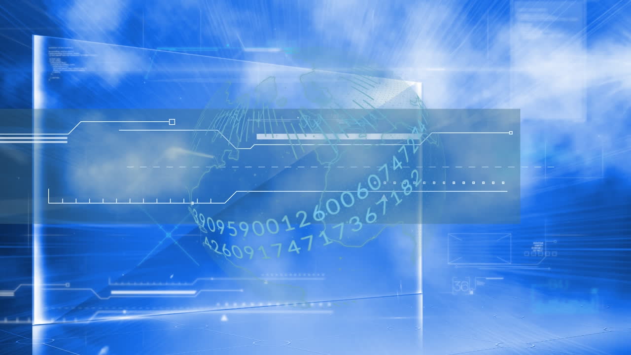 파란색 배경에 대한 회전하는 지구상에서 데이터 처리를 하는 디지털 인터페이스