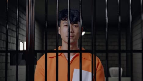 close up of asian male prisoner standing in prison, raising head and looking to camera