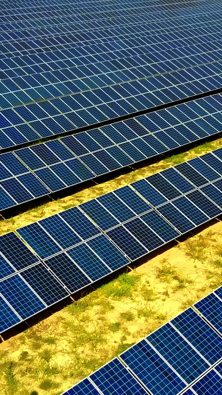 Solar Cells In Power Station. Power plant using renewable solar energy with sun Vertical video