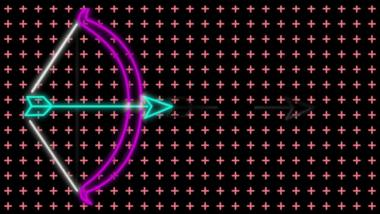 animación de arco de neón y cruces giratorias sobre fondo negro