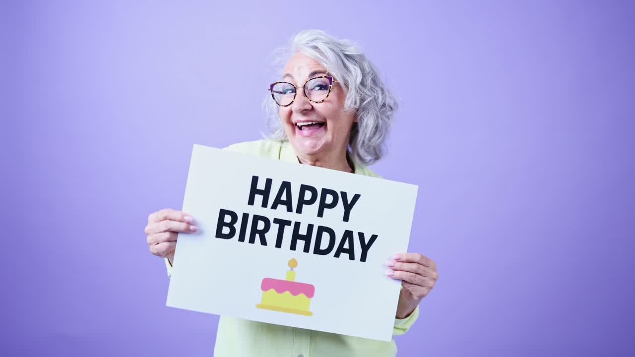 Donna anziana felice che tiene un cartello "Buon Compleanno"